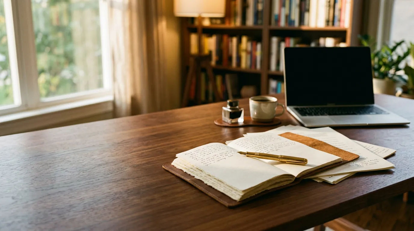 Elegant writing desk with an open journal and gold fountain pen, evoking thoughtful college essay crafting
