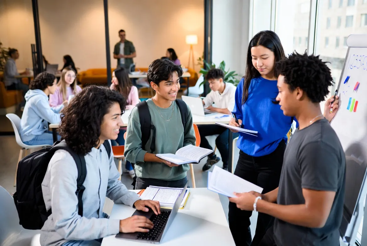 Diverse students collaborating in a modern classroom