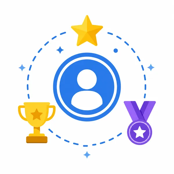 Person identity badge surrounded by a star, trophy and medal
