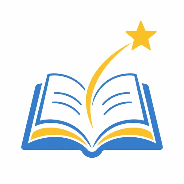 Open book in blue and gold with a rising narrative arc and a star
