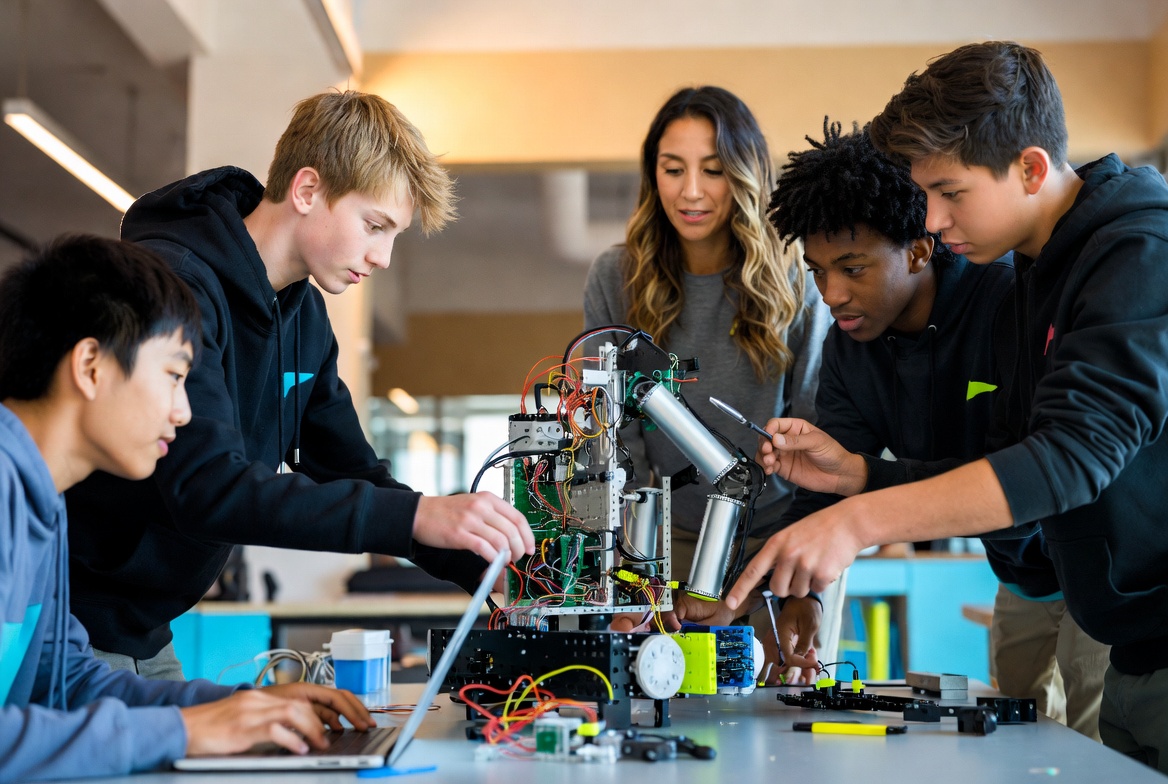 Students working on STEM project with mentor